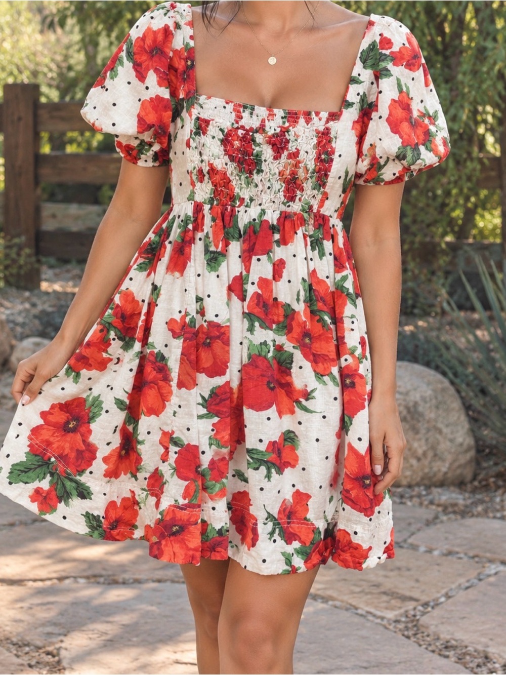 Pilcro White Dress with Red Floral Print and Green Leaves
